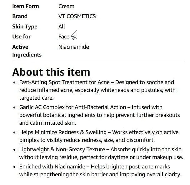 VT Cosmetics Garlic AC Reedle Shot crème boutons ail